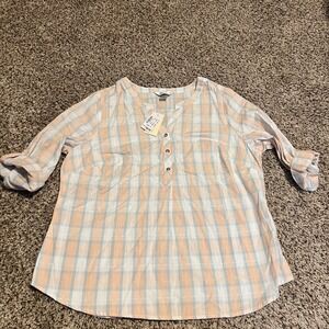 CJ Banks Plaid Roll-Tab Sleeve Button Down Top‎ Blouse Pink Blue 14W